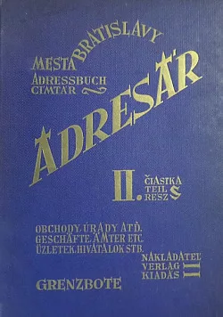 Adresár mesta Bratislavy II. čiastka Továrne, obchody podniky, úrady, vojsko, cirkevné spolky