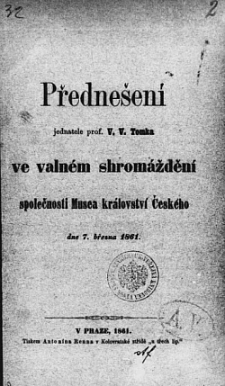 Přednášení jednatele V. V. Tomka ve valném shromáždění společnosti Musea království Českého